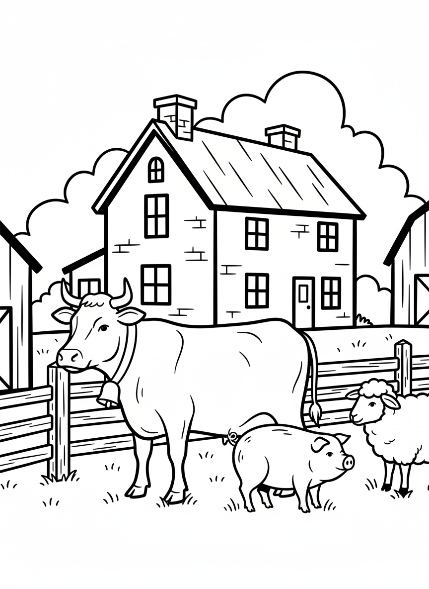 A farm scene showing a cow, pig, and sheep grazing peacefully in a fenced pasture with a farmhouse in the distance.