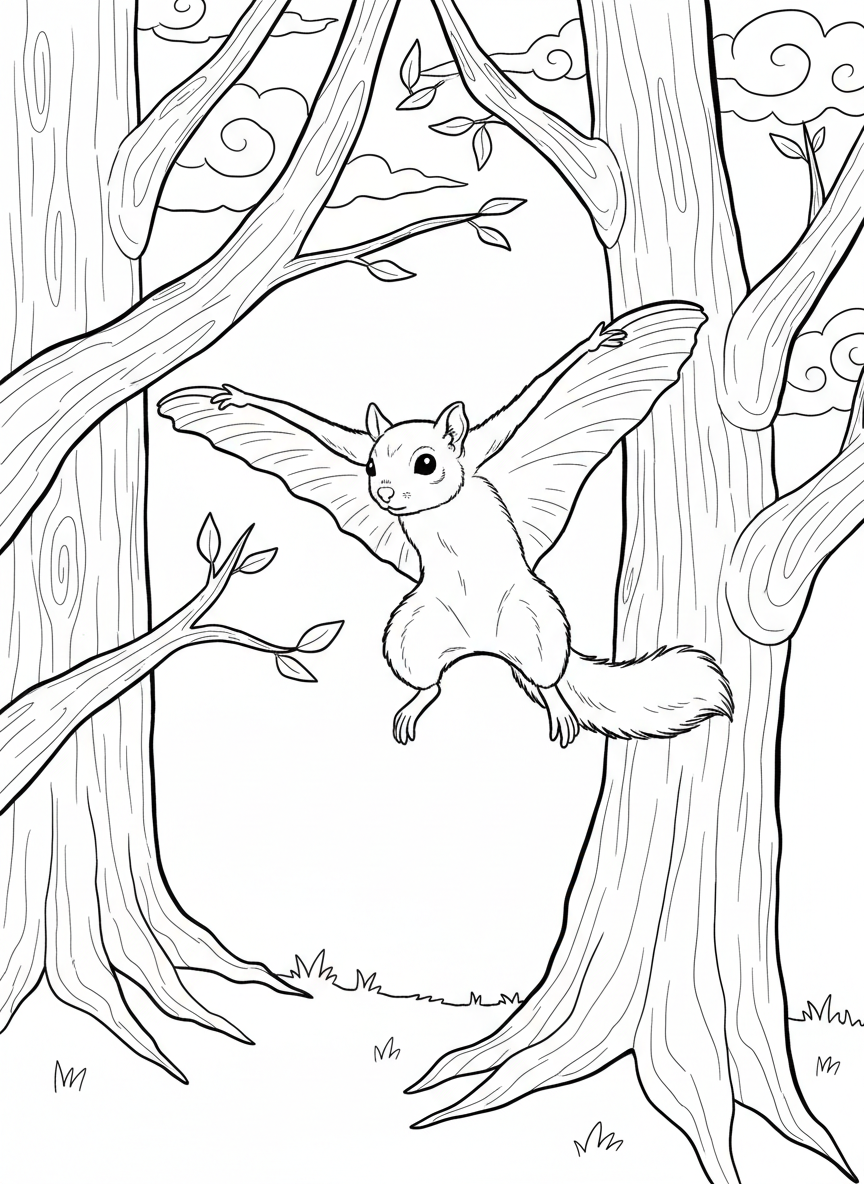 A flying squirrel gliding between trees with outstretched arms, action pose line art