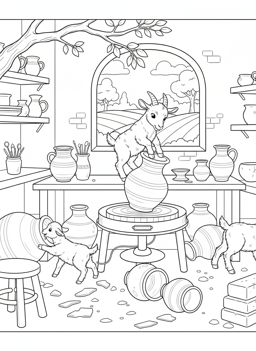 A baby goat balancing on top of pottery wheel with clay pots scattered around, playful scene with clear lines