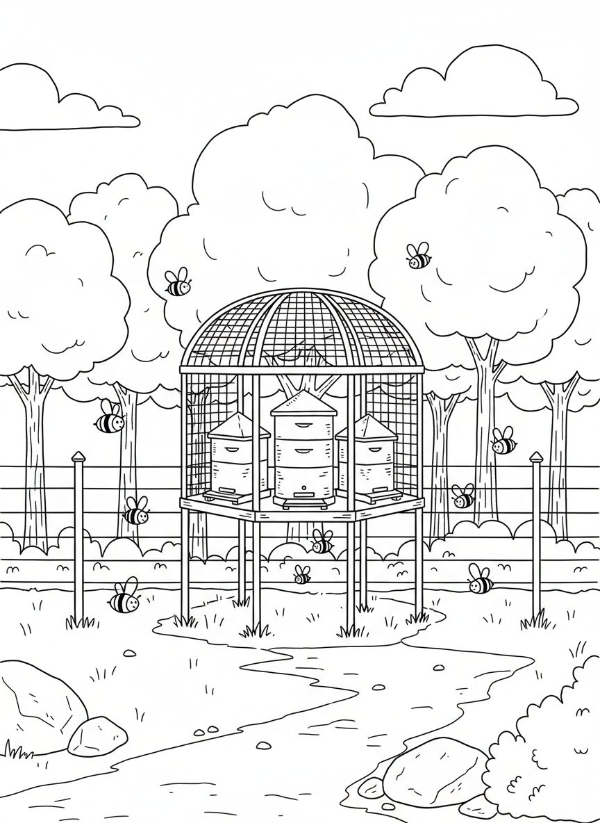 A bear-proof beehive stand with multiple hives and a fence around it, bees flying above in a countryside setting.