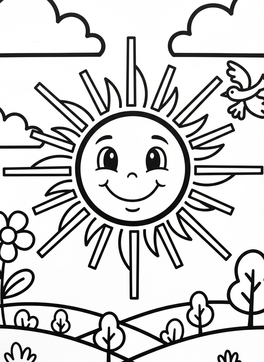 A smiling sun with 100 rays extending outward in all directions, simple and cheerful design