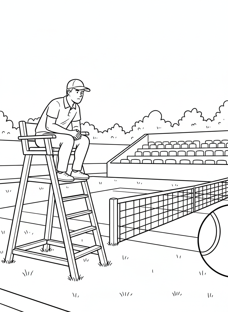 A line judge sitting in their chair at courtside, watching the match intently with the grass court behind them.