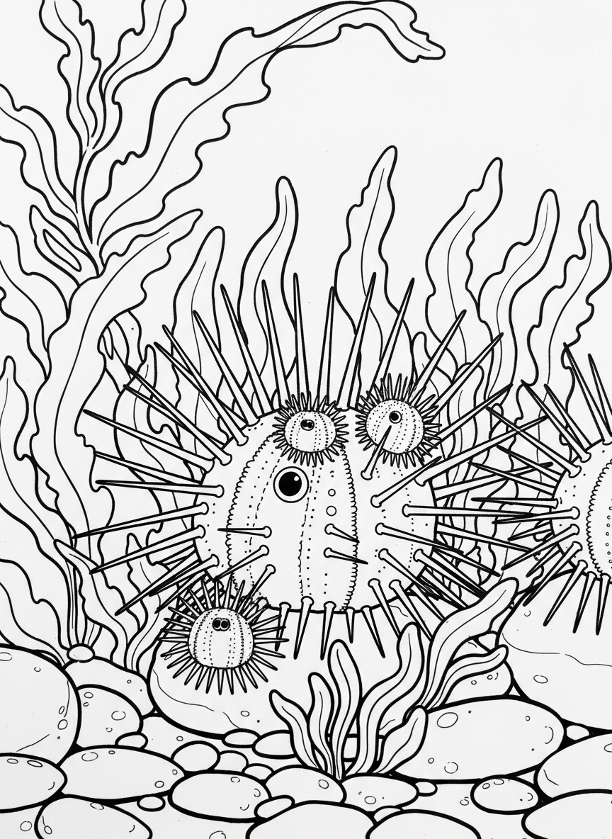 A sea urchin family with parent and baby urchins of varying sizes, surrounded by kelp fronds and smooth tide pool stones.