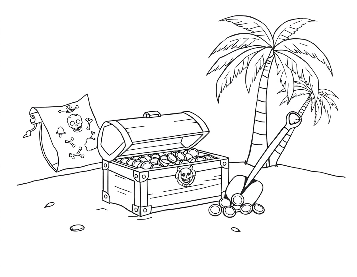 A treasure chest buried in the sand on a tropical island, with a pirate map, palm trees, and a shovel stuck in the ground next to it. Gold coins peek out of the chest.