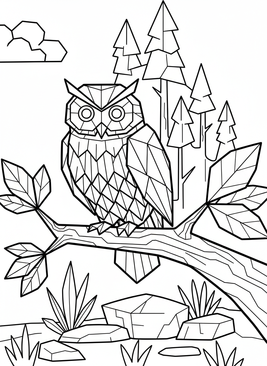 An origami owl perched on a branch with diamond-shaped folded wings, large circular eyes, and geometric feather patterns, simple black outlines.