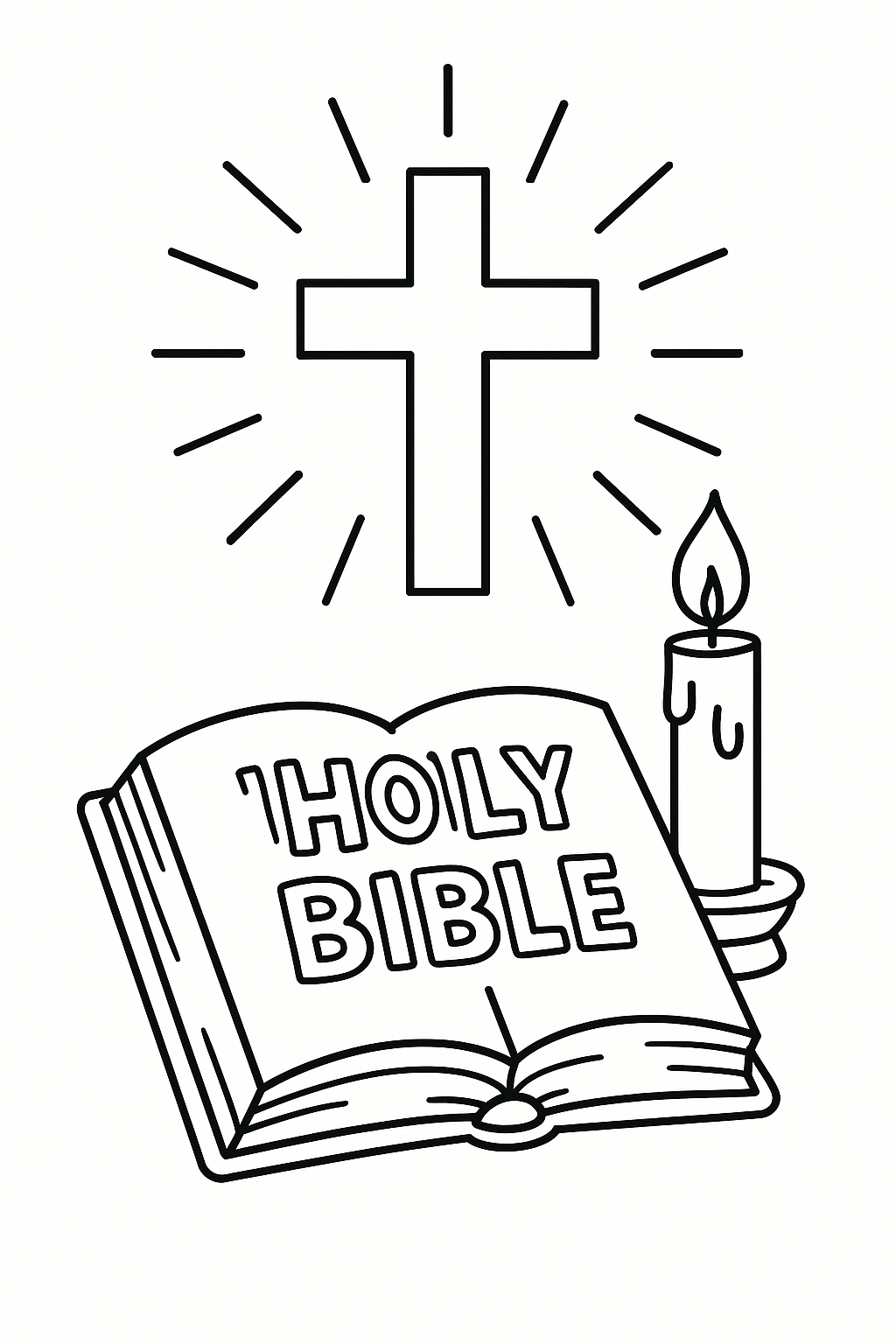 Draw an open Bible with a candle beside it and a glowing cross above. Add rays of light behind.