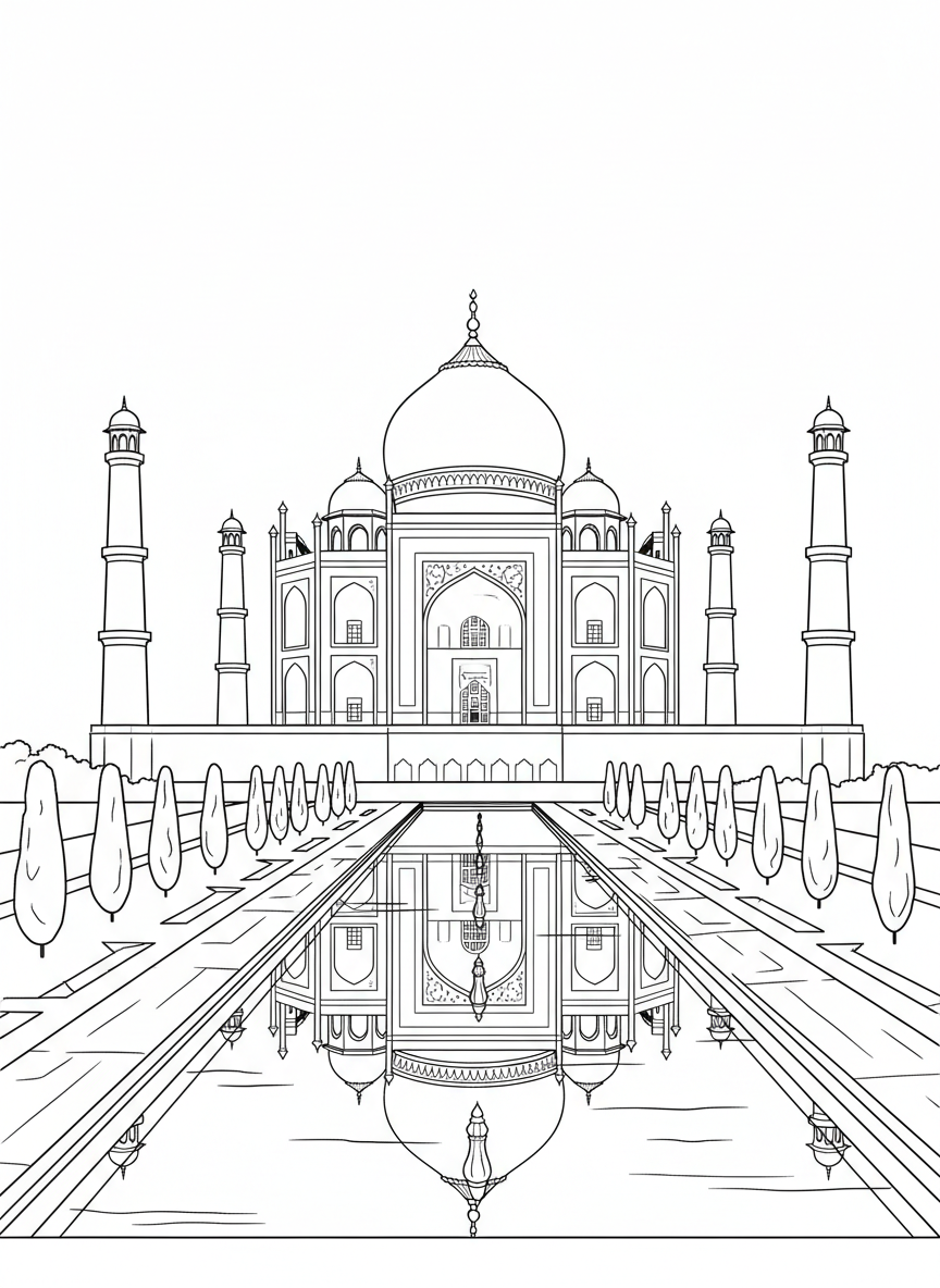 The Taj Mahal with its iconic dome and minarets, reflecting pool in front with simple garden elements, symmetrical composition.