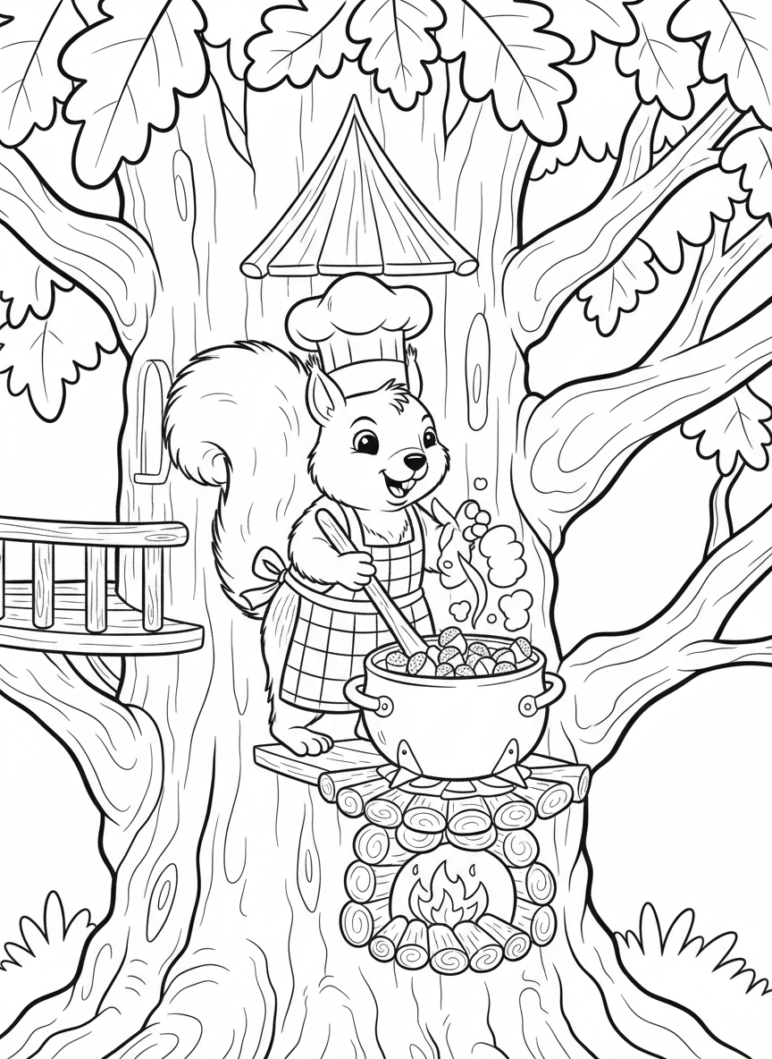 A cheerful squirrel chef wearing an apron, stirring a big pot of acorn soup on a tiny treehouse stove.