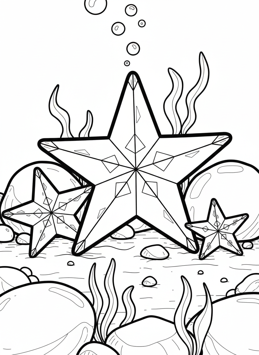 A group of three origami starfish in different sizes arranged on the ocean floor, each with five pointed arms and geometric patterns
