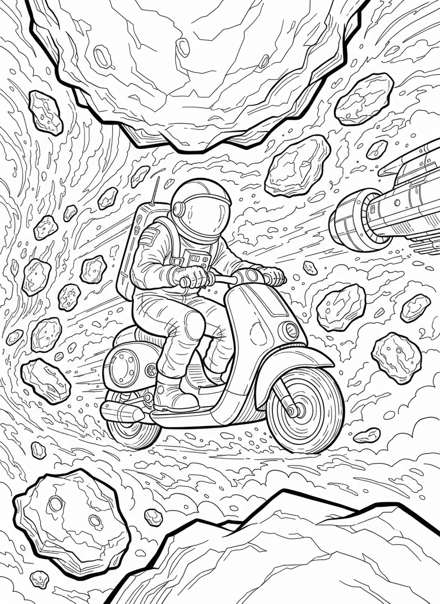 An astronaut riding a space scooter through an asteroid field, dodging floating rocks, action-packed composition