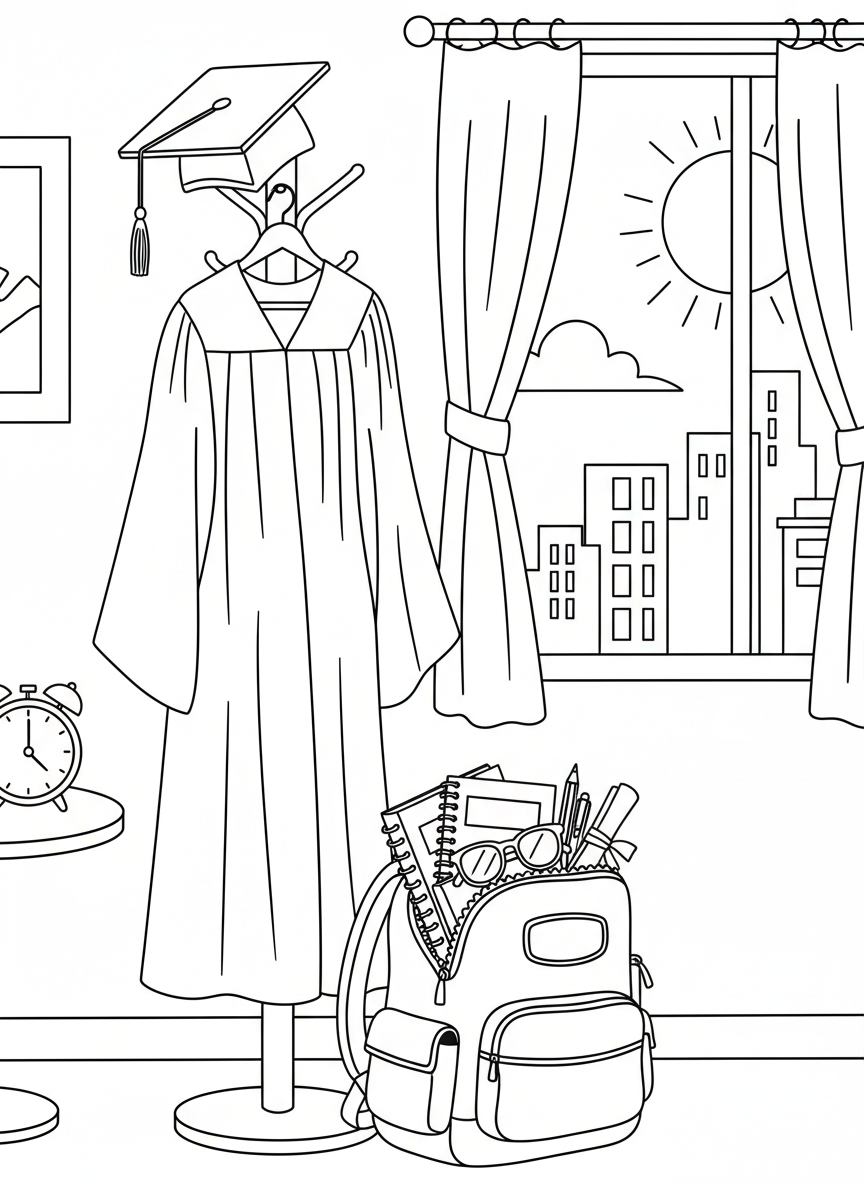 A graduation cap and gown hanging on a coat rack with a backpack and school supplies nearby, ready for the big day.