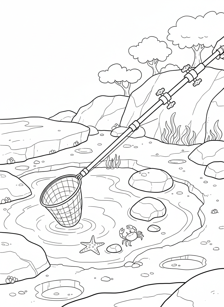 A telescoping net being extended to reach into a deeper tide pool, showing the adjustable handle mechanism