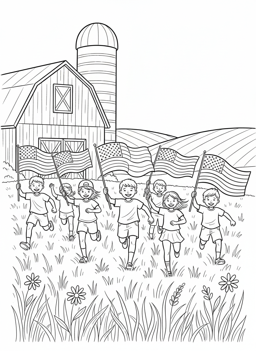 Children running through a field holding American flags with a barn and rolling hills in the background