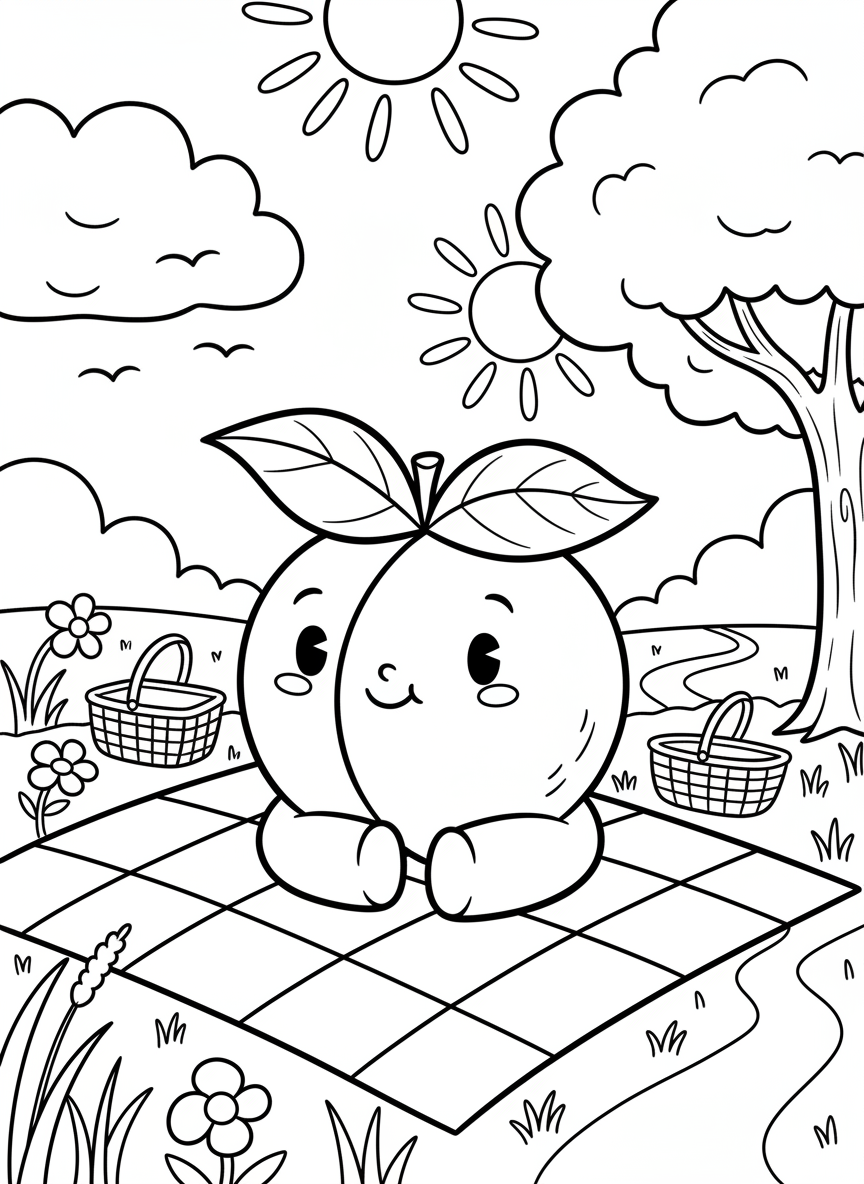 A smiling peach with a leaf hat sitting on a checkered picnic blanket, summer scene