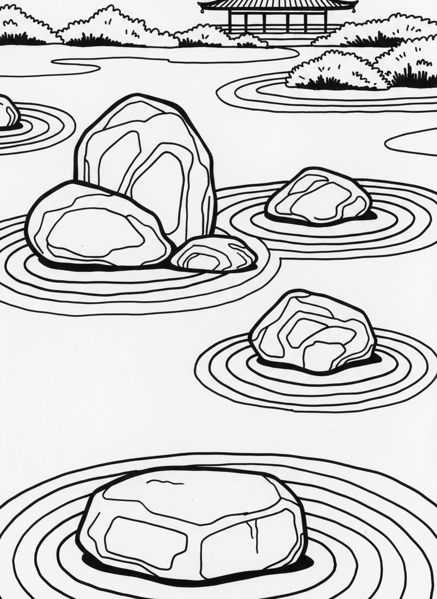 A zen rock garden with carefully raked circular patterns in sand around five stones of different sizes, viewed from above.