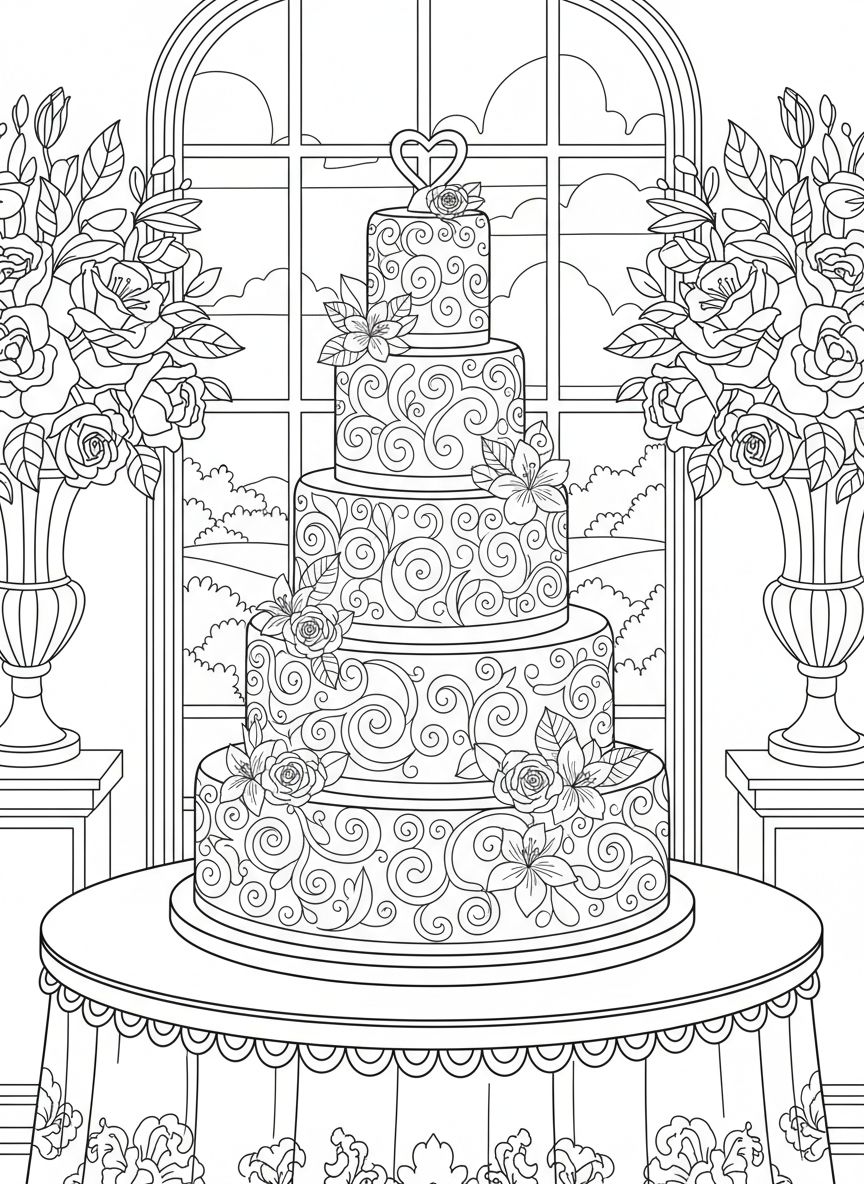 A decorative wedding cake with multiple tiers, flowers, and elegant swirl patterns