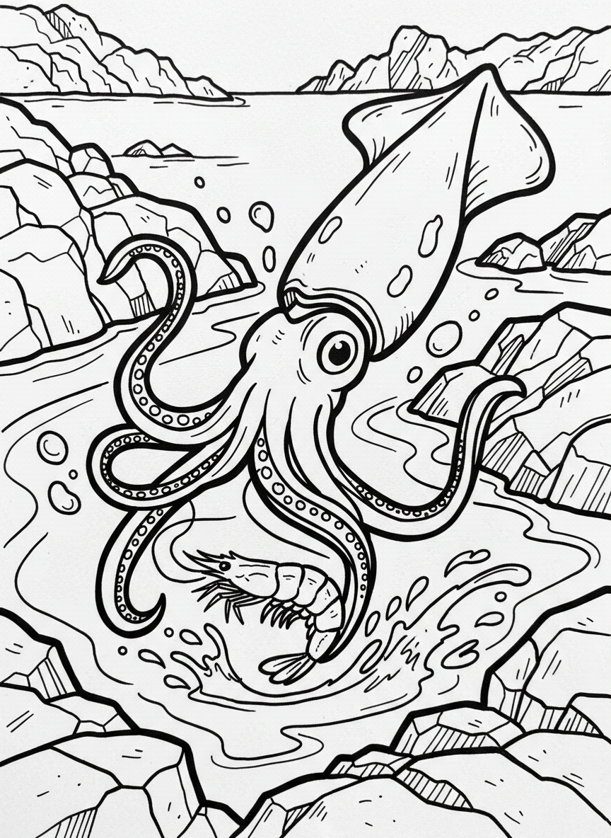 A squid catching a small shrimp with its feeding tentacles in a rocky tide pool setting, action pose