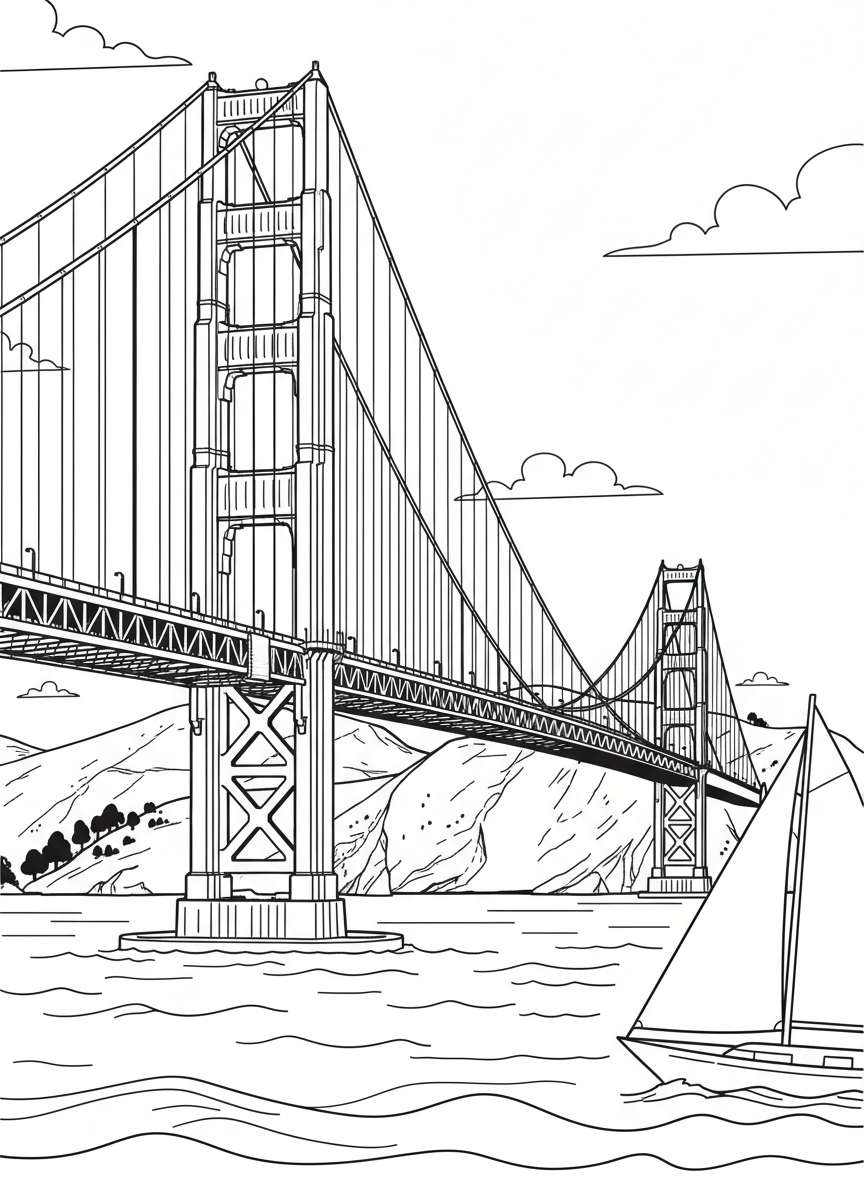 The Golden Gate Bridge spanning across water with cables and towers clearly visible, hills in the background and a sailboat below.
