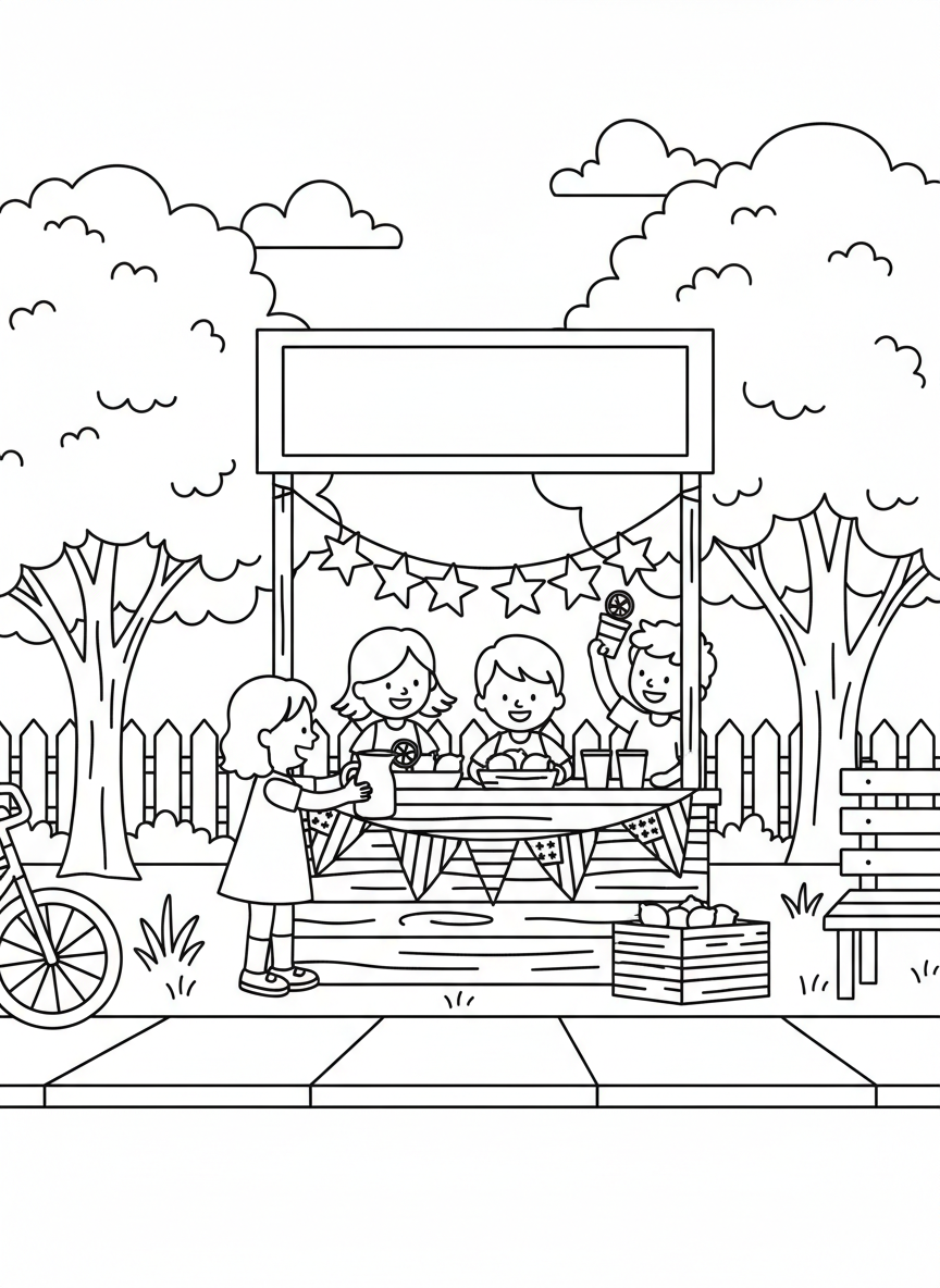 Children setting up a lemonade stand decorated with patriotic bunting, stars, and a large Independence Day banner.