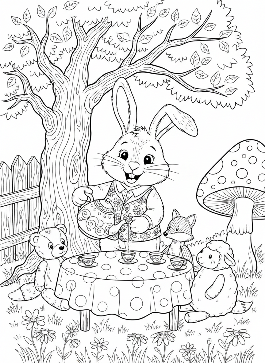 A smiling bunny rabbit pouring tea from a decorative teapot into tiny cups for three stuffed animal friends seated around a table.