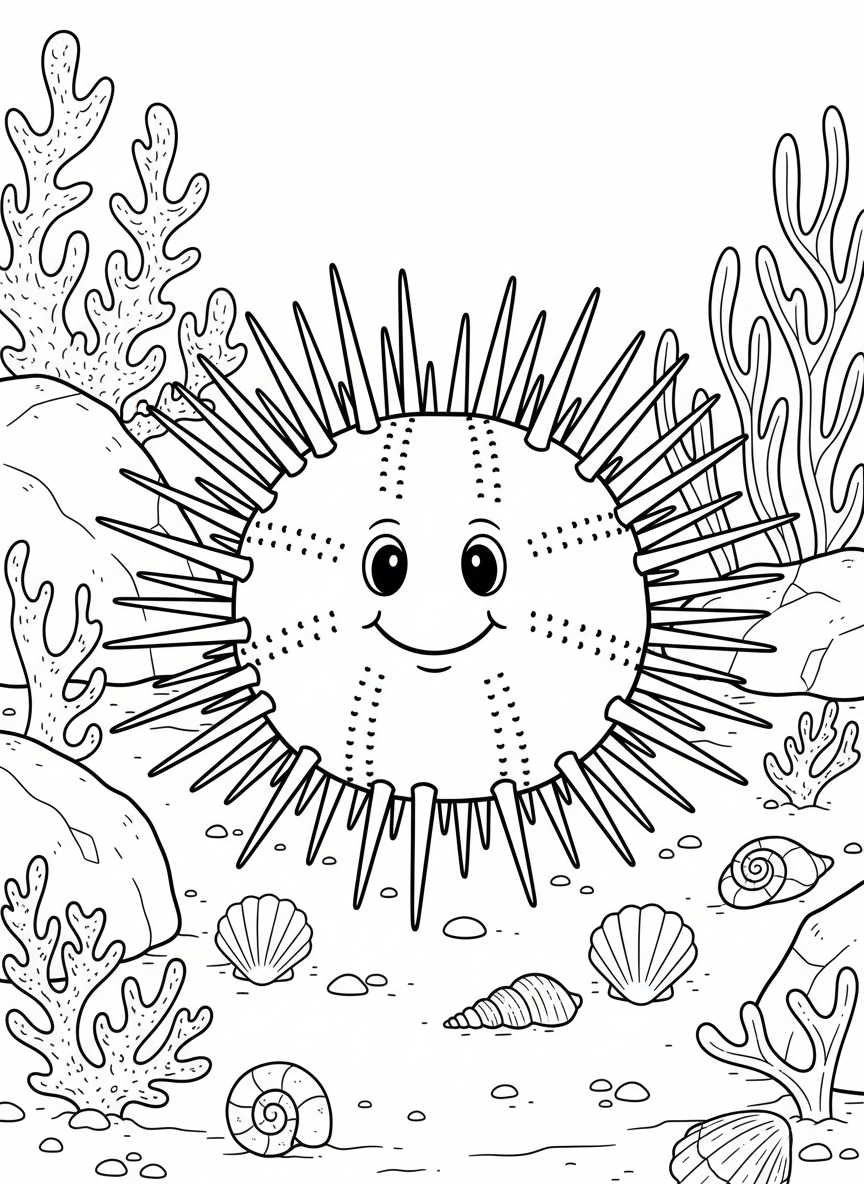A smiling sea urchin with spiky quills sitting on the ocean floor, surrounded by small shells and coral pieces, simple and fun design