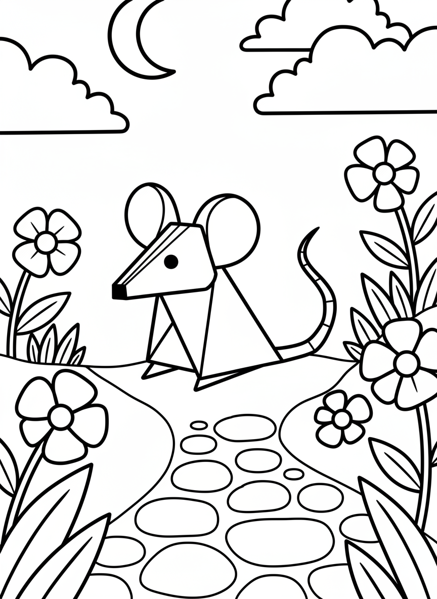 A simple origami mouse with large round ears, long tail, and basic triangular body shape, perfect for younger children to color.