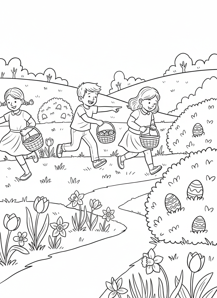 Three children running across a meadow with baskets, searching for Easter eggs hidden among spring flowers and bushes.