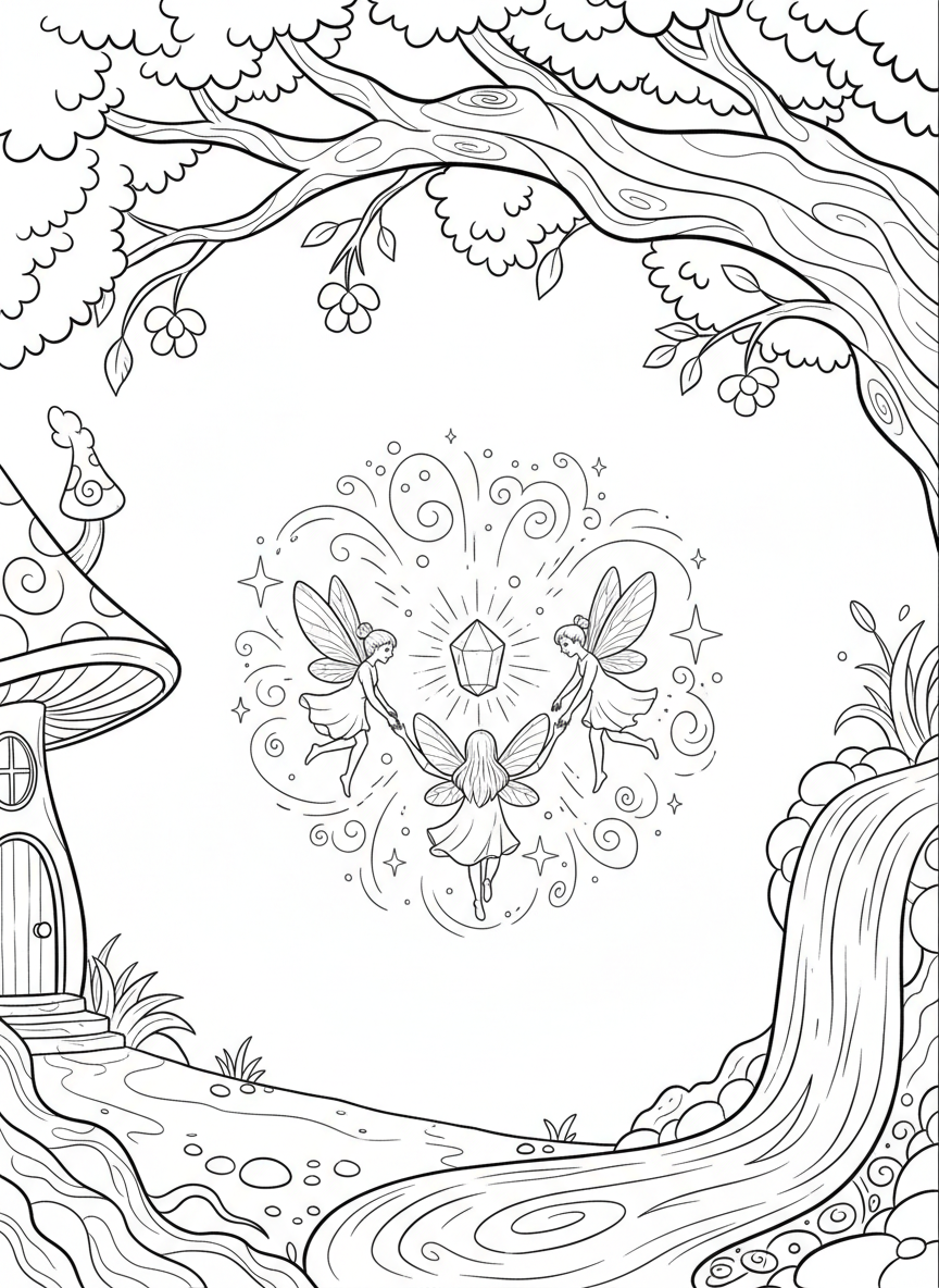 A group of three tiny pixies dancing in a circle around a glowing crystal, with sparkles and swirls in the air.