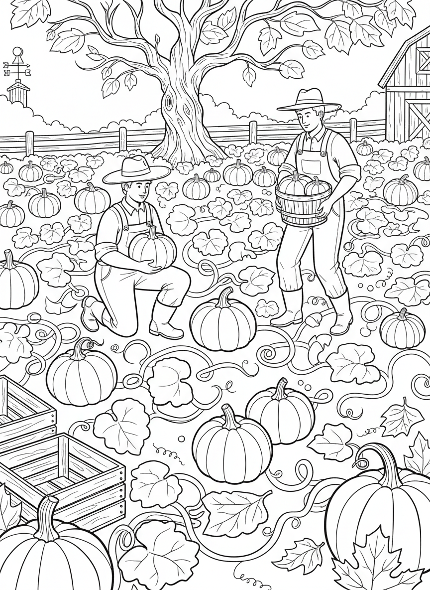 Farmers gathering pumpkins from a large patch filled with vines, wooden crates, and colorful autumn leaves scattered across the ground.