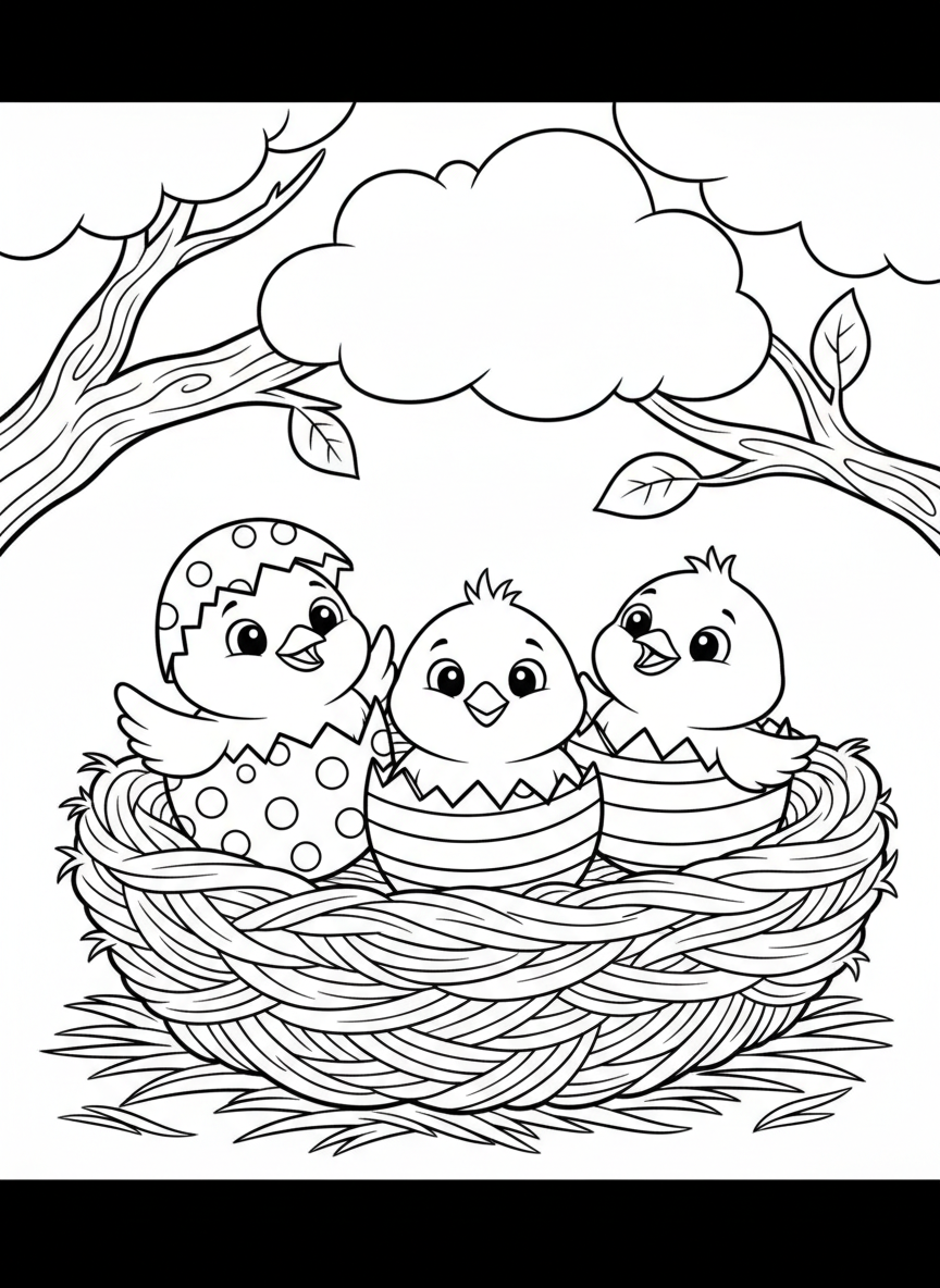 Three baby chicks hatching from eggs in a cozy nest filled with straw, cute and simple design for coloring.