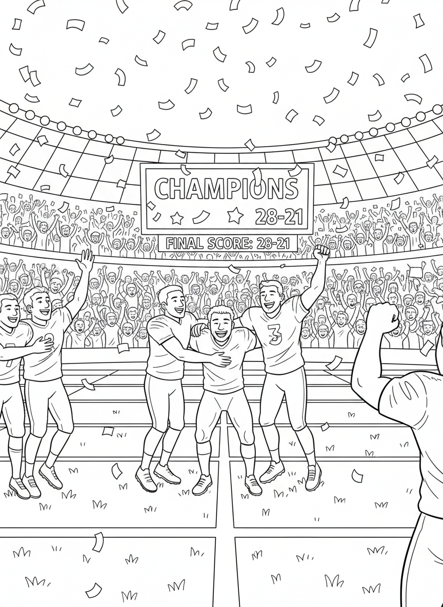 Confetti pouring down from above as the winning team celebrates at midfield, teammates embracing with raised arms while the scoreboard glows and fans erupt in unrestrained joy.