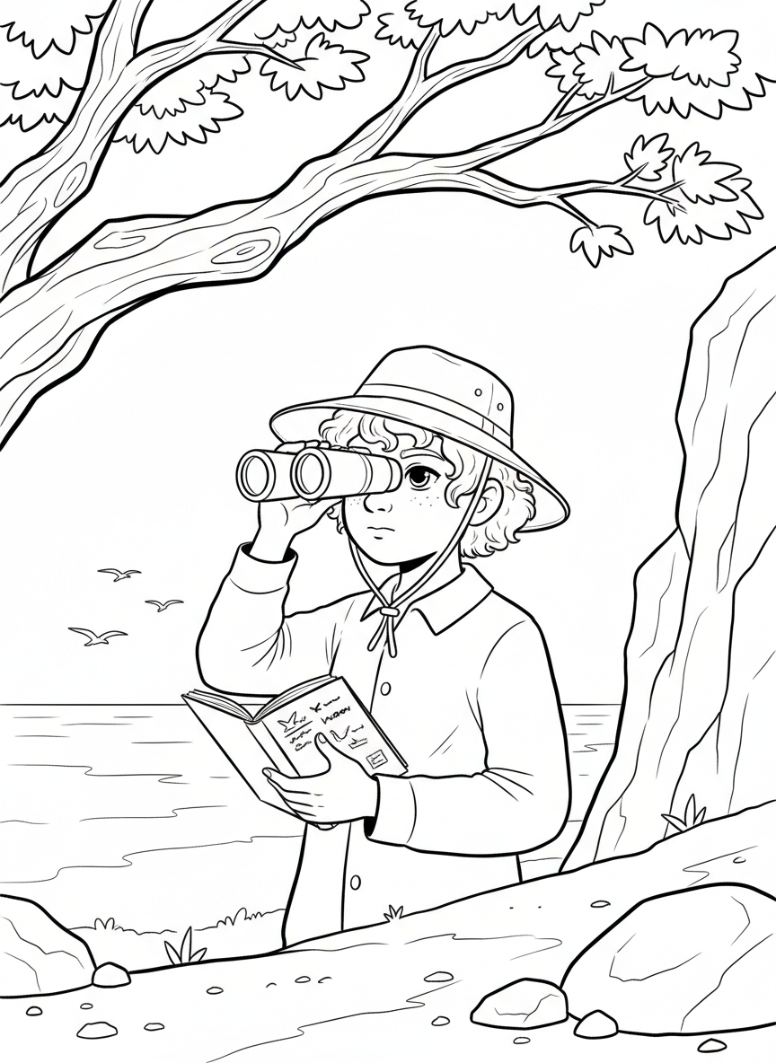 A young scientist wearing a sun hat, using binoculars to spot seabirds while holding a nature journal