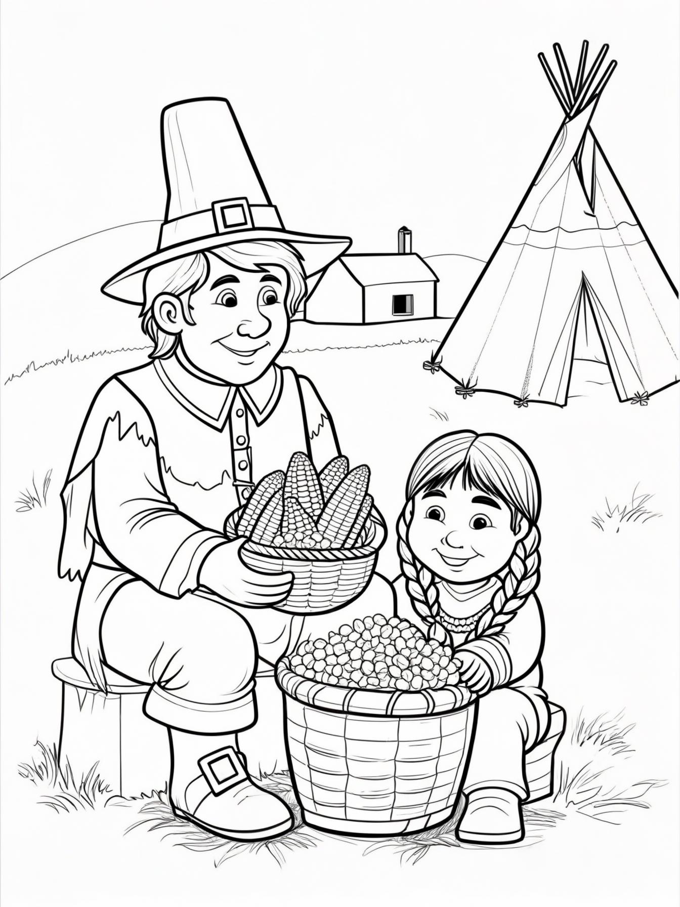 The First Thanksgiving (Simple): A simplified, friendly scene showing a Pilgrim and a Native American child sharing a basket of corn, with a simple cabin and a tepee in the background.