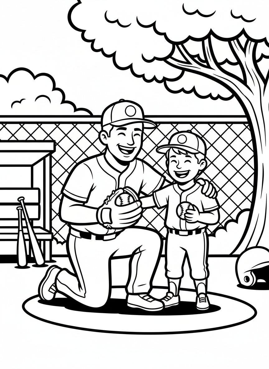 A smiling coach kneeling down to give encouragement to a young player, both wearing baseball caps and holding a baseball.