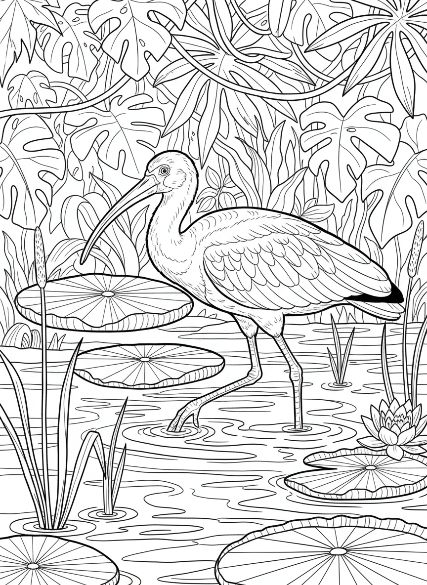 A scarlet ibis wading in a shallow rainforest stream, with water lilies and reeds creating a peaceful scene.