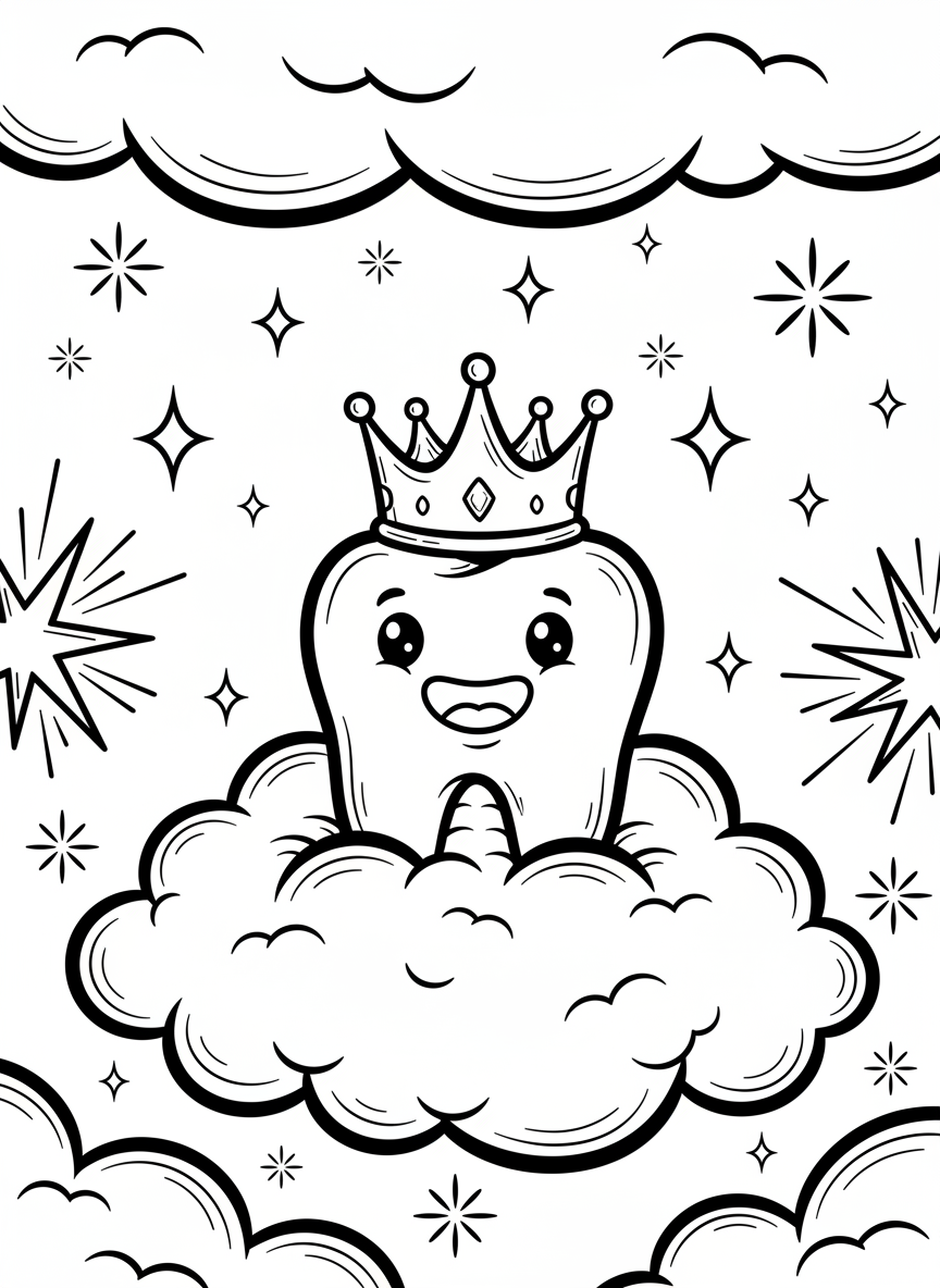 A smiling cartoon tooth wearing a crown sitting on a fluffy cloud, with sparkles and stars surrounding it