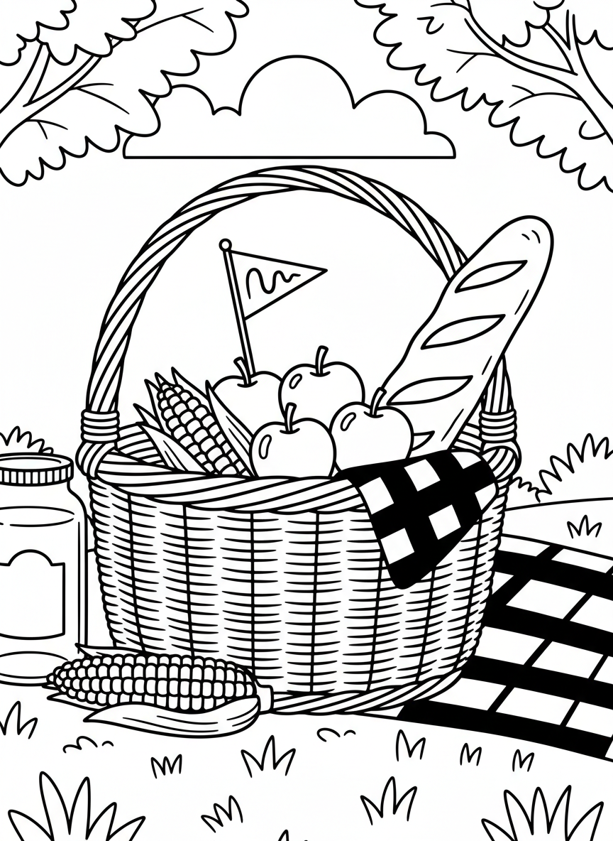A close-up of a picnic basket overflowing with food including corn on the cob, apples, and a baguette with a flag topper.
