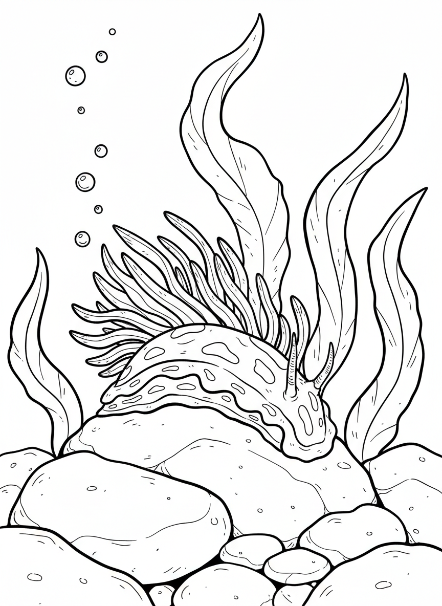 A colorful nudibranch sea slug crawling across a rock surface with kelp fronds and tiny bubbles floating around it