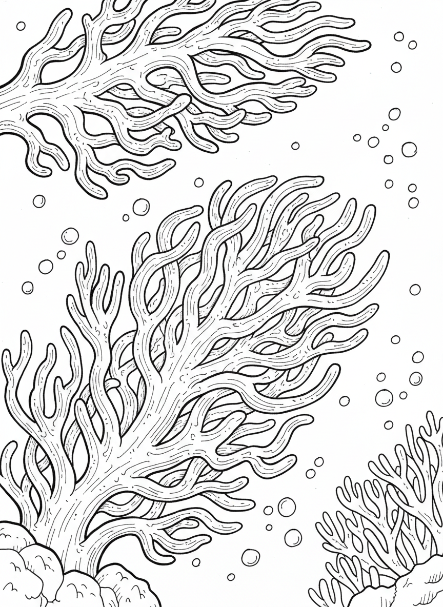 Soft coral with flowing branch-like tentacles swaying in ocean current, surrounded by small floating plankton dots.