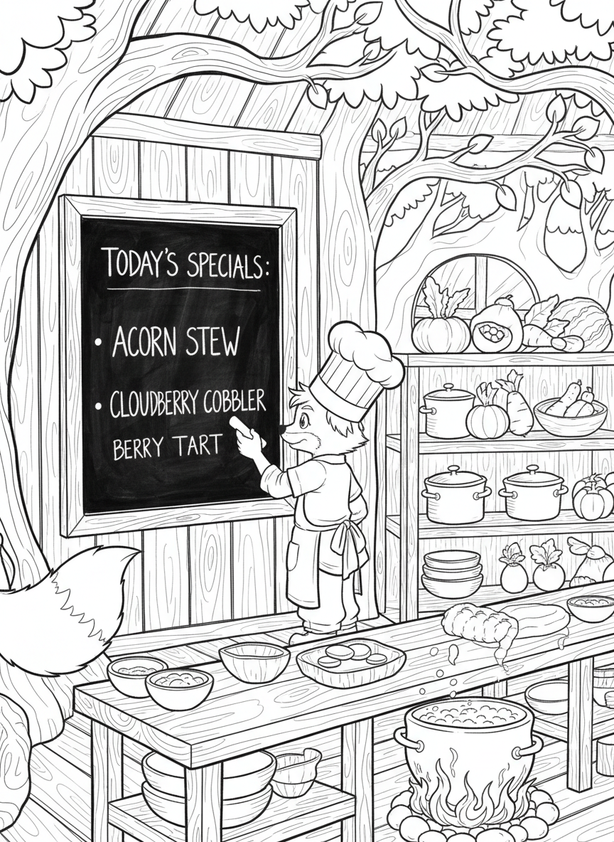 A treehouse kitchen with a chalkboard menu on the wall, showing today's specials, and a young chef writing with chalk.
