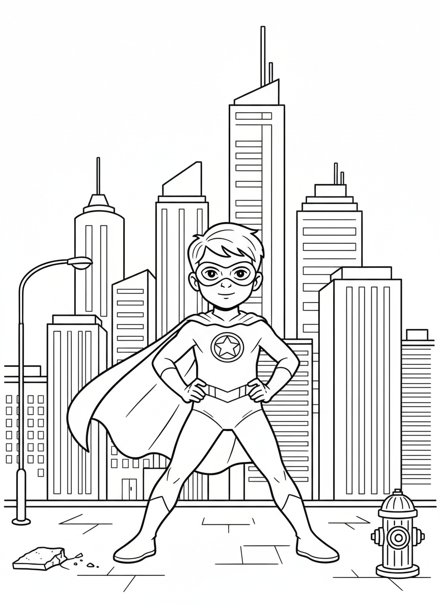 A young superhero kid standing in a power pose with hands on hips, wearing a mask and cape, city skyline in the background