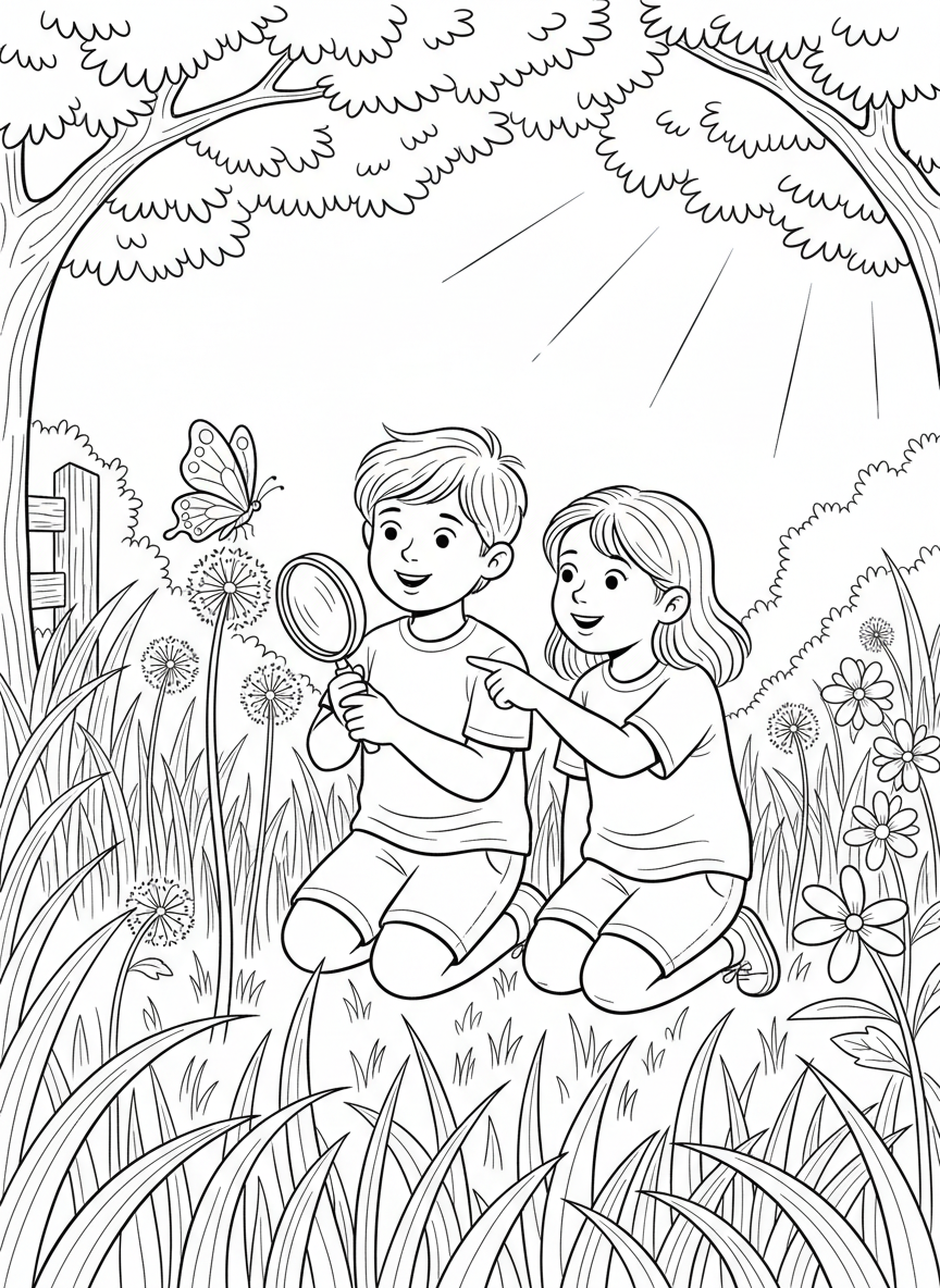 Two kids examining a butterfly with a magnifying glass in a sunny meadow filled with tall grass and dandelions.
