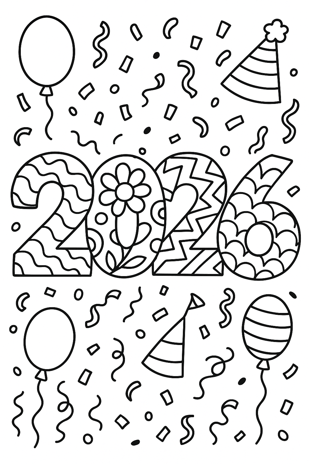 2026 numbers coloring page: large decorative 2026 with patterns inside, confetti, balloons, party elements around numbers, thick bold outlines for New Year decoration