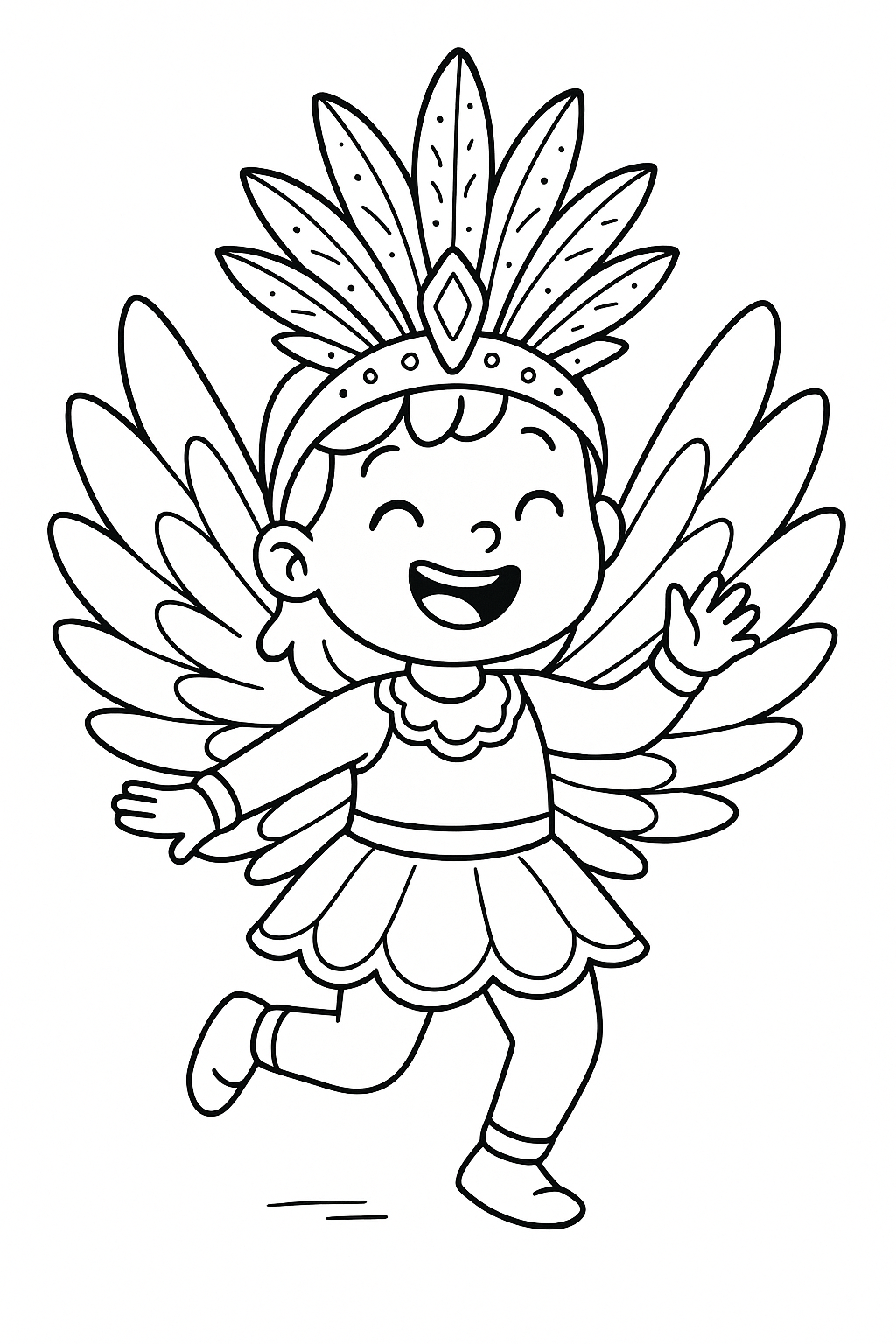 Little Samba Dancer: A happy child dancing enthusiastically, wearing a giant, elaborate costume with huge feathered wings on their back and a tall, sparkling headdress.