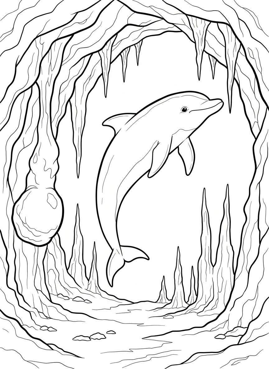 A playful dolphin leaping through a large underwater cavern with stalactites above and stalagmites below, creating an obstacle course