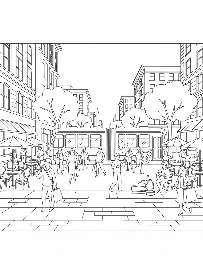 The 16th Street Mall pedestrian walkway with the free shuttle bus, outdoor cafes, street performers, and shoppers, busy city scene.