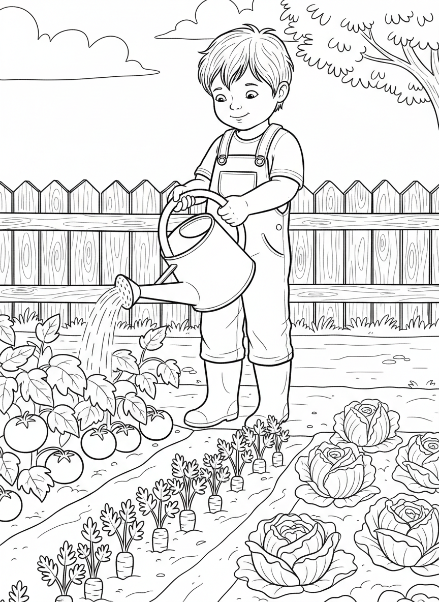 A child watering a vegetable garden with a watering can, showing tomato plants, carrots, and lettuce growing in neat rows.