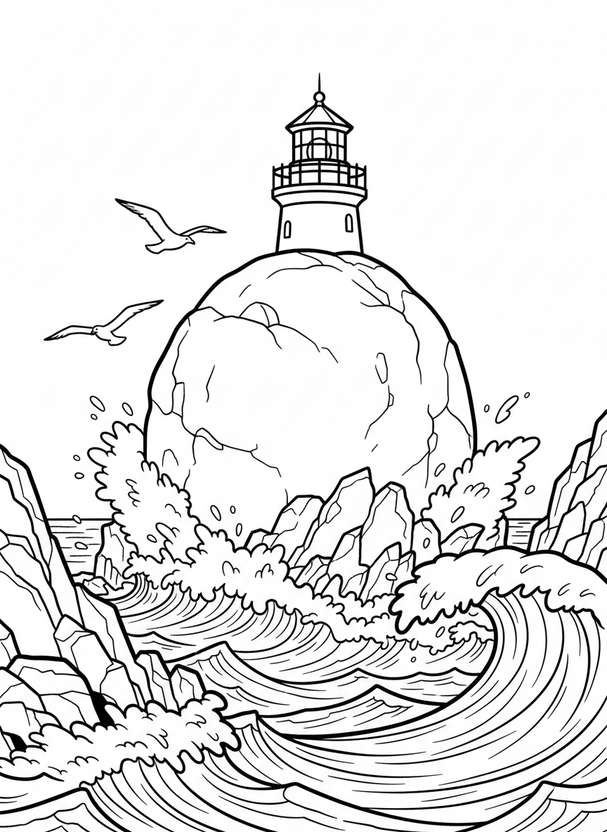 A smooth stone with a lighthouse on rocky shores, waves crashing below, and seagulls flying above in simple line art