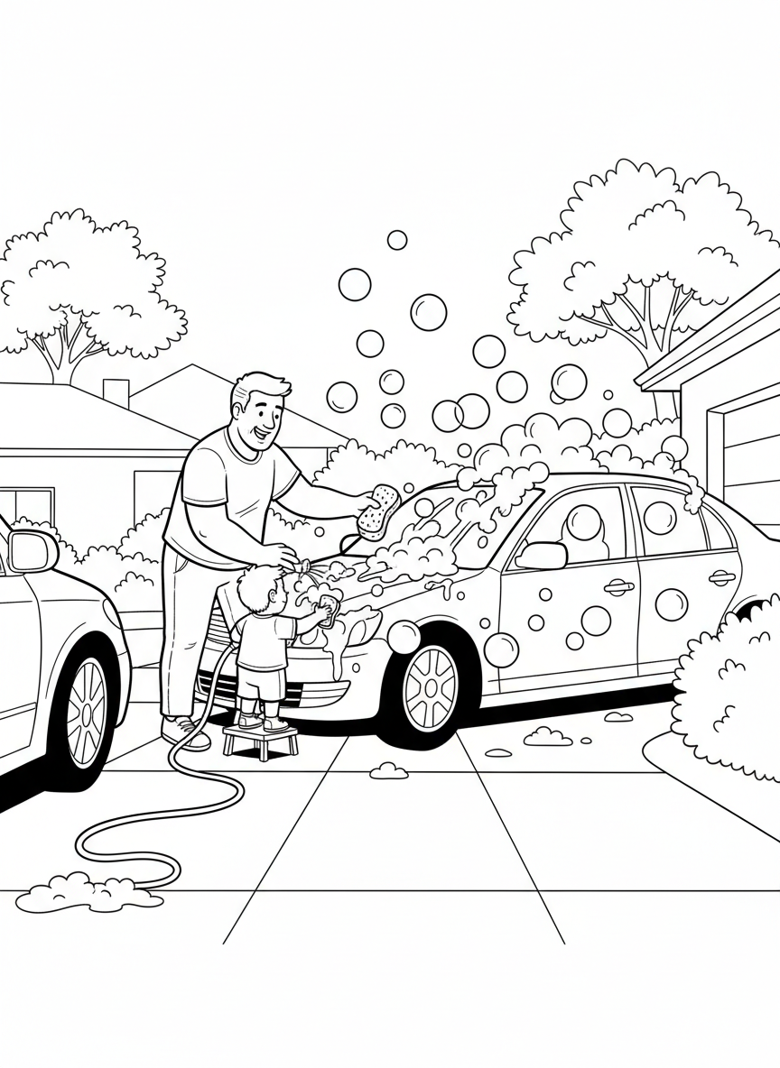 A father and child washing a car together with soap bubbles, sponges, and a water hose in the driveway
