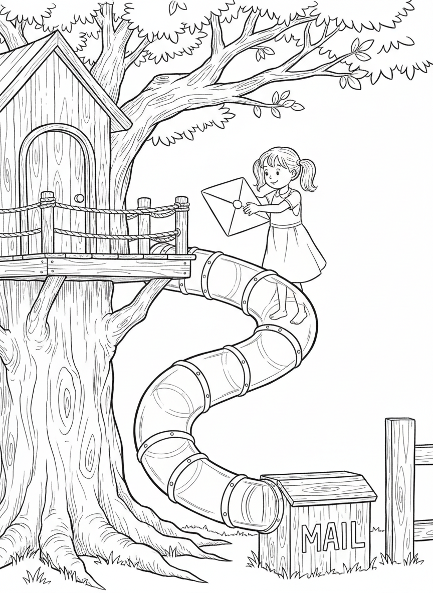 A girl sliding a letter into a tube-style mail chute that spirals down from a treehouse to a collection box at the base of the tree.